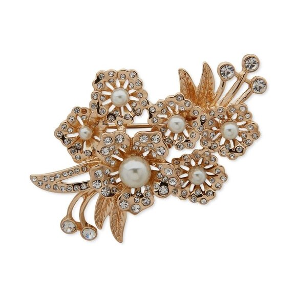 Anne Klein Crystal/Imitation Pearl Flower Cluster Pin in Gold-Tone MSRP $28 NWT - Picture 1 of 6